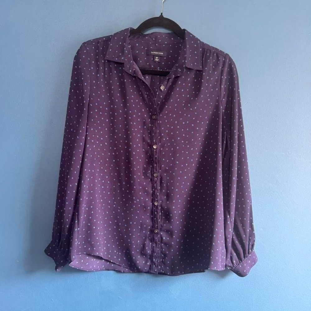 Lands End Polka Dot Blouse Women's Size 8 Petite Blue Button Down Collared Work